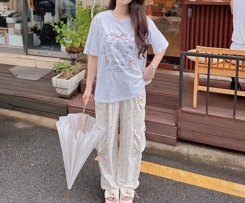 コットンラウンドネック半袖プリントTシャツ | mirangmirang | 詳細画像14