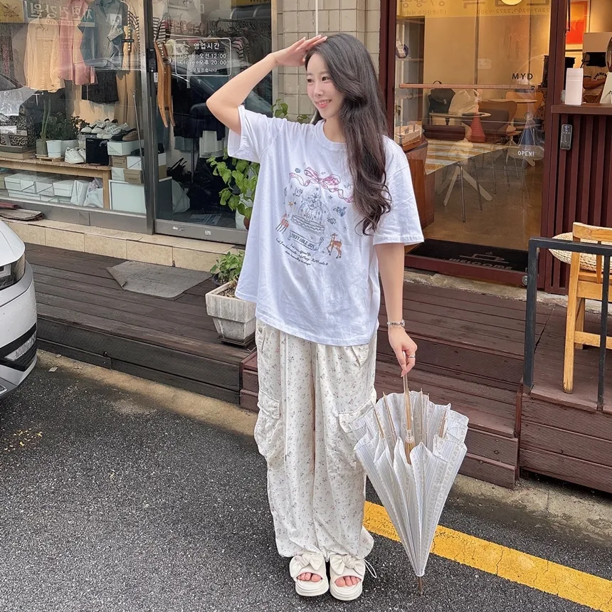コットンラウンドネック半袖プリントTシャツ | mirangmirang | 詳細画像15