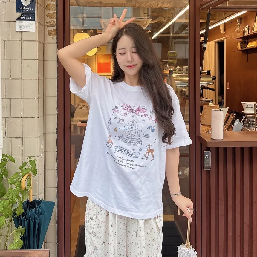 コットンラウンドネック半袖プリントTシャツ | mirangmirang | 詳細画像19