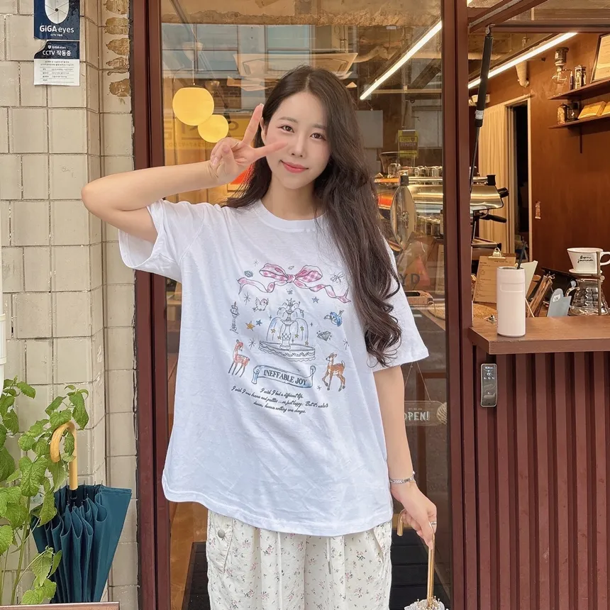 コットンラウンドネック半袖プリントTシャツ | mirangmirang | 詳細画像20