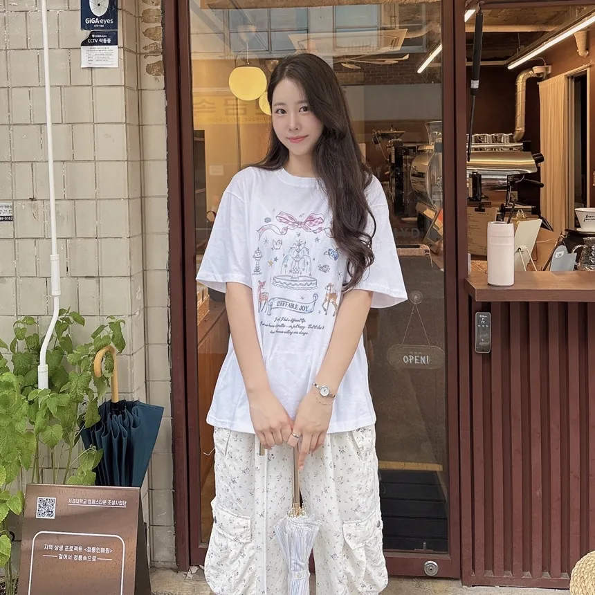 コットンラウンドネック半袖プリントTシャツ | mirangmirang | 詳細画像21