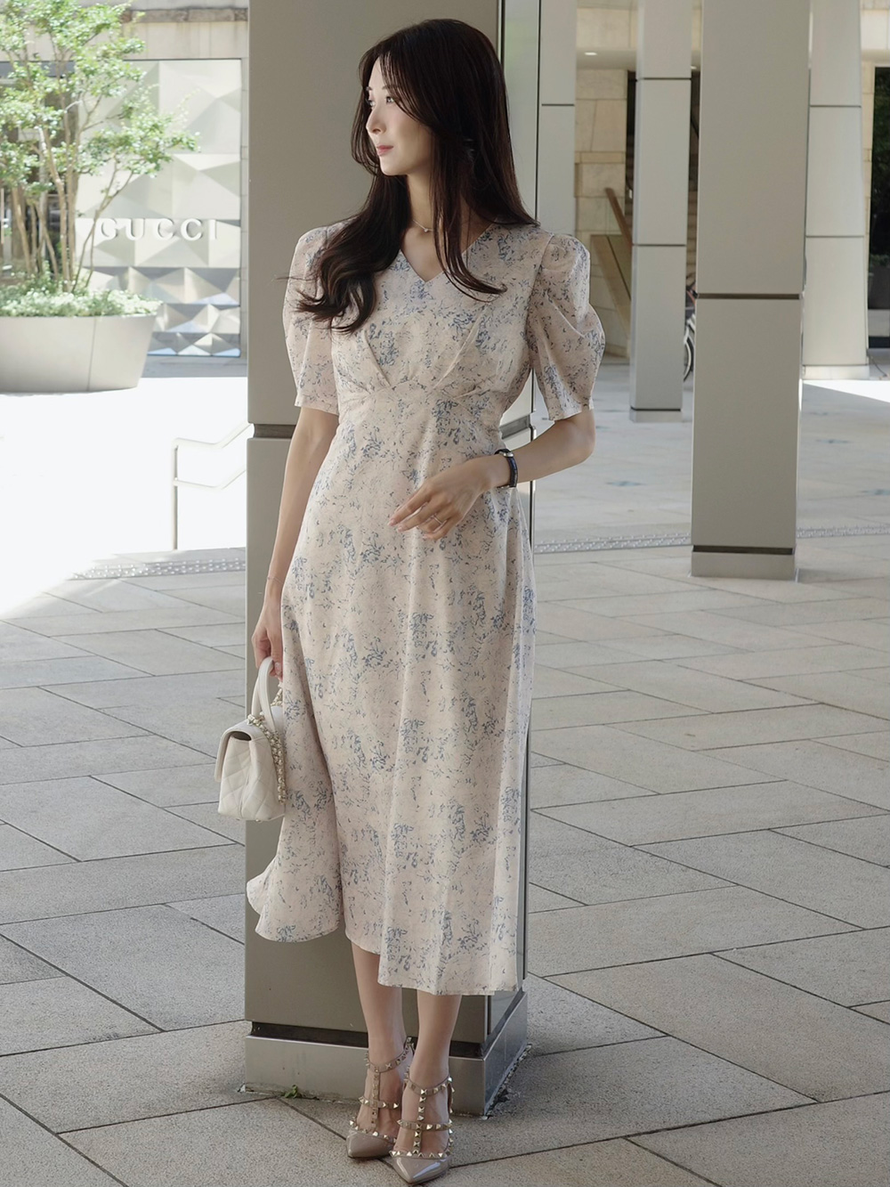 DABUWAWA 上品 長袖 ショートワンピース お花 リボン バイカラー ショート丈カーディガン×ハイウエストフラワーワンピース