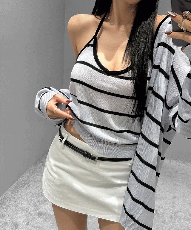 2WAYシースルーVネック長袖ボーダーカーディガン | vivnluv | 詳細画像1