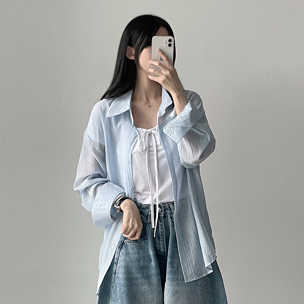 【美品】シースルー袖ストライプシャツ シャツ シアーシャツ ベスト レディース ストライプ シースルー