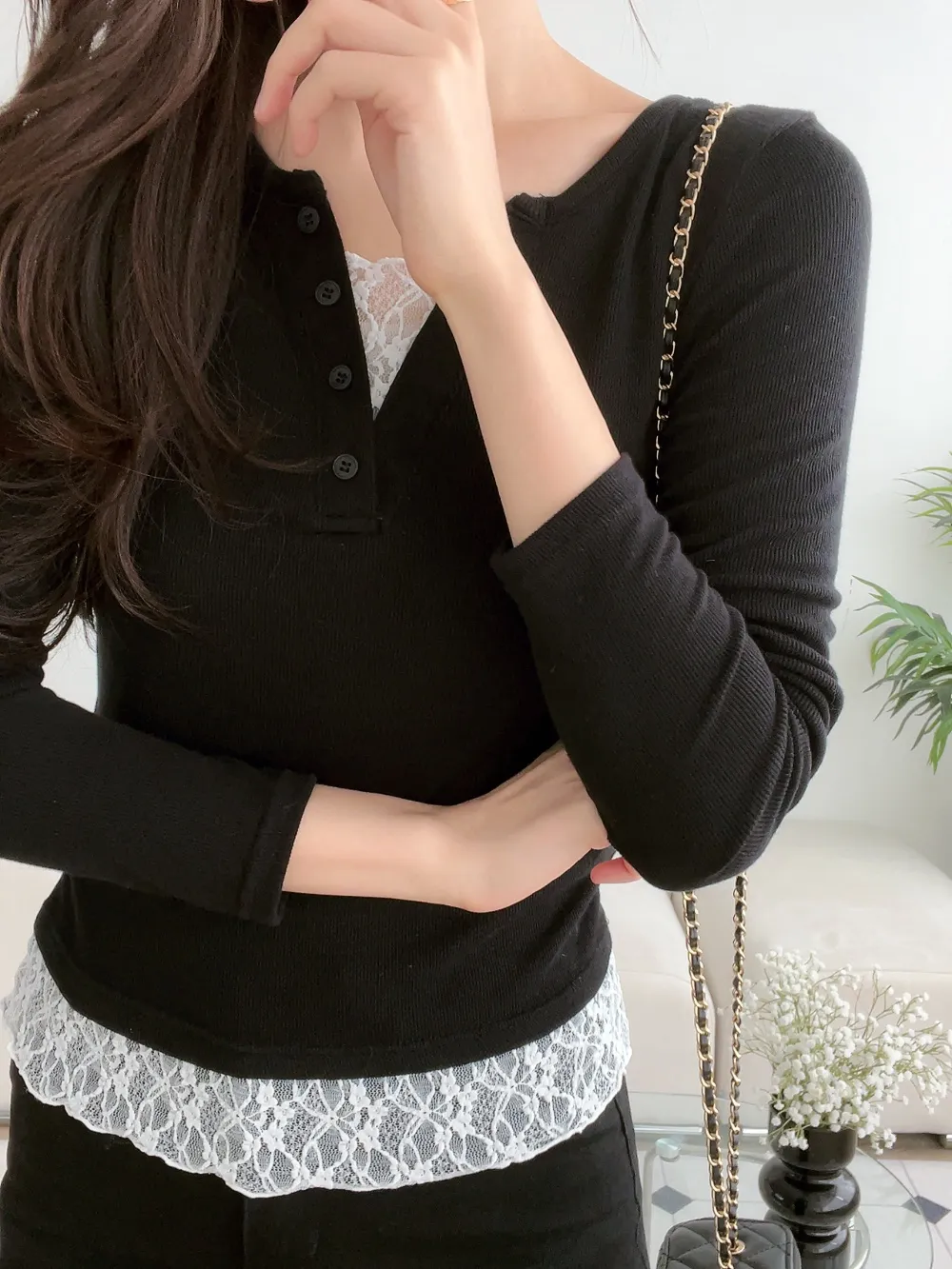 レースレイヤードヘンリーネックTシャツ | 詳細画像1