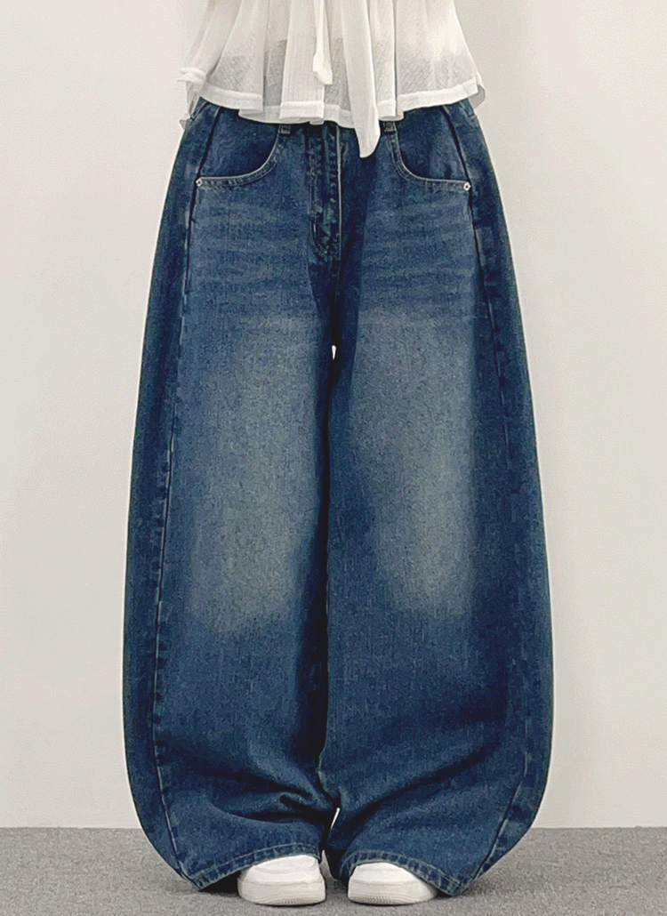 選べる丈]ウォッシングラインワイドライトブルーディープブルーデニム
