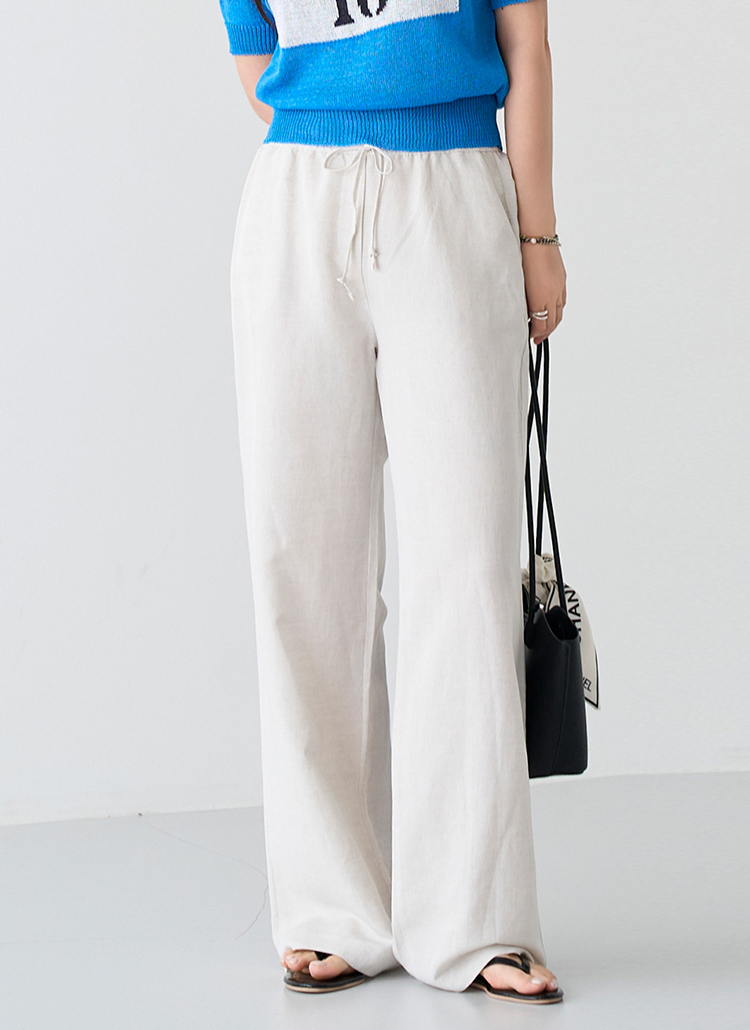 リネン混ウエストゴムワイドポケットパンツ | レディースファッション
