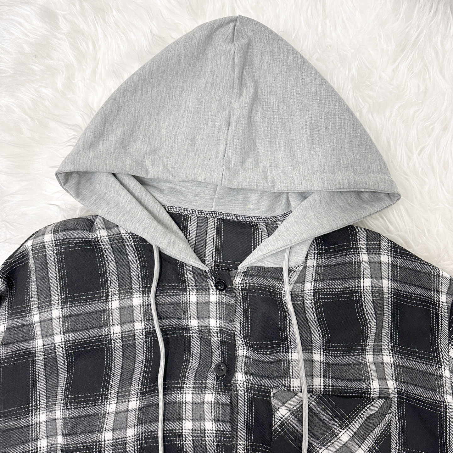 ボタンワンポケット配色チェックシャツパーカー | レディース