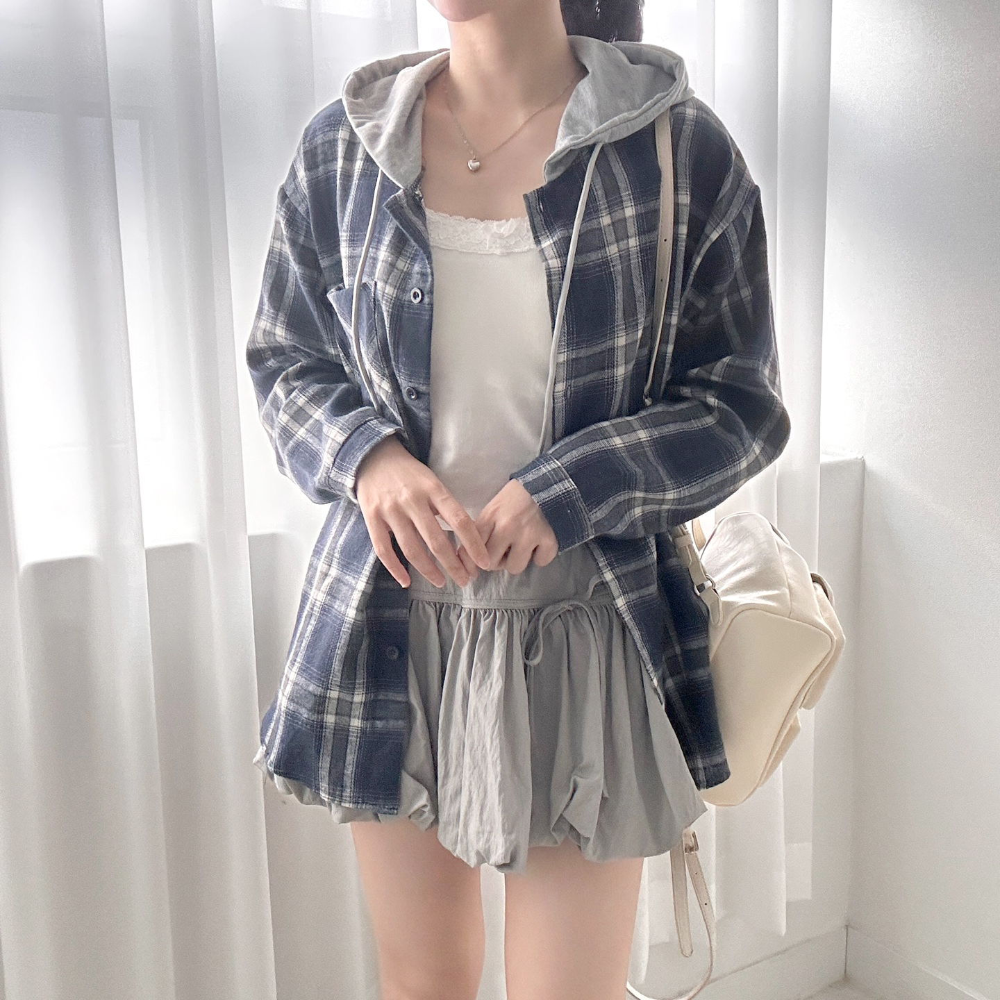 ボタンワンポケット配色チェックシャツパーカー | レディース