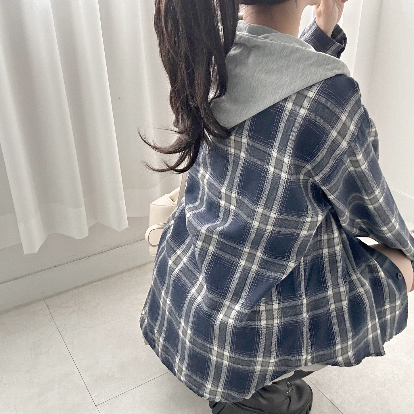 人気作家 pocchi パーカー　リネン ブラックチェック 人気作家 pocchi パーカー リネン ブラックチェック