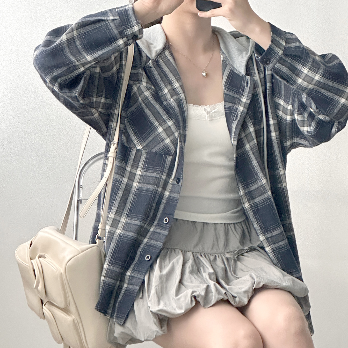 ボタンワンポケット配色チェックシャツパーカー | レディース