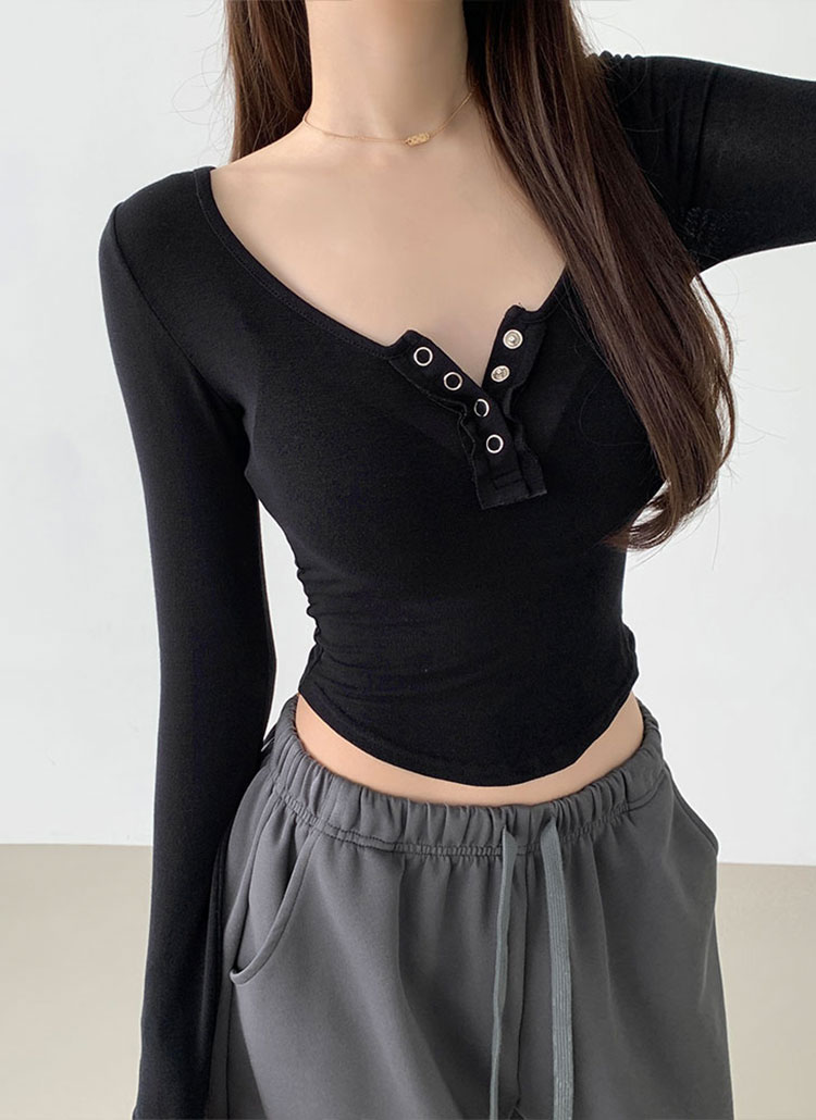 シースルーUネッククロップド長袖スナップボタンTシャツ | レディース