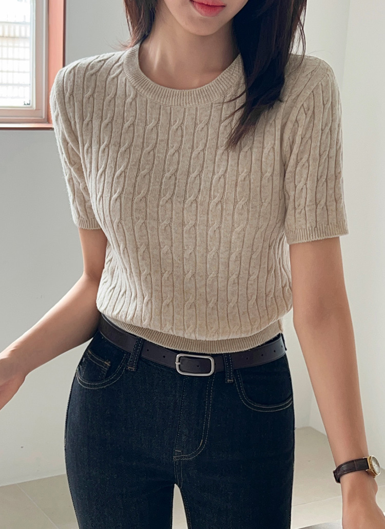 【値下げ】AUTRALIFE カシミア半袖ニット カシミヤ混ラウンドネックスリム半袖ケーブルニット | レディース