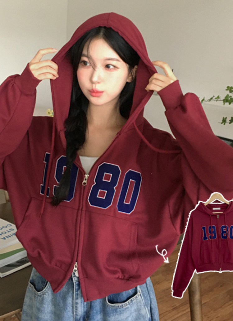 ルーズクロップドダブルジップ刺繍配色ジップパーカー