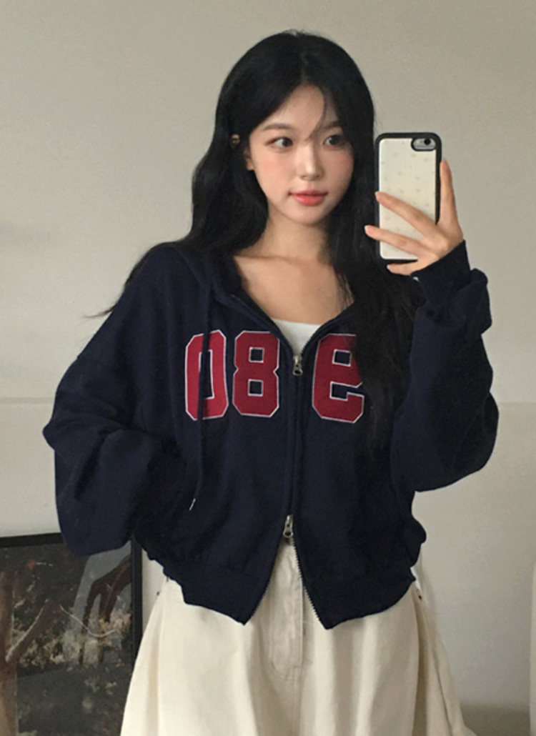 ルーズクロップドダブルジップ刺繍配色ジップパーカー | レディース