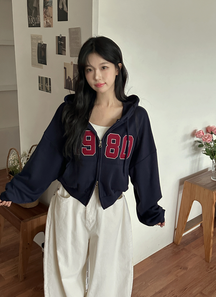 ルーズクロップドダブルジップ刺繍配色ジップパーカー | レディース