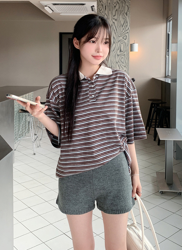 ボクシーカラー半袖ボーダーTシャツ | レディースファッション通販
