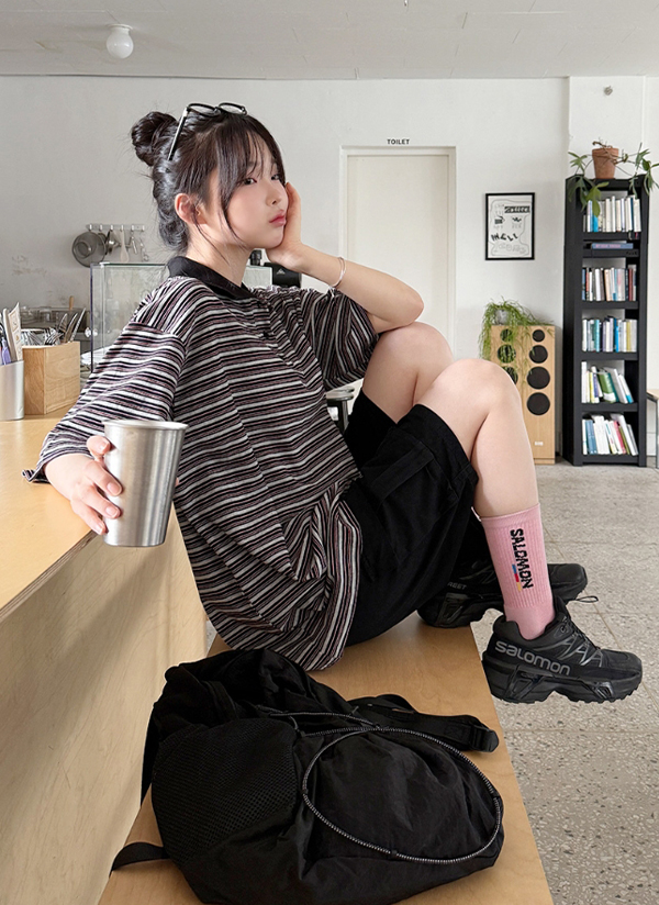 ボクシーカラー半袖ボーダーTシャツ | レディースファッション通販