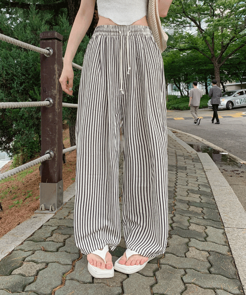 シアサッカーウエストゴムワイドドローストリングストライプパンツ