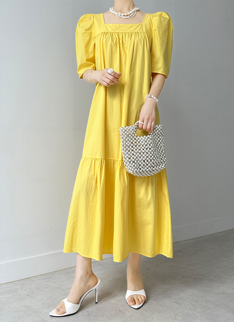 ギャザーロングスクエアネック半袖ワンピース | レディース