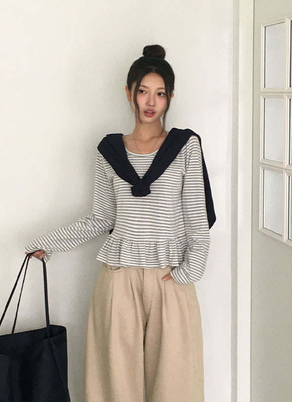 長袖フリルボーダーTシャツ | レディースファッション通販 - DHOLIC