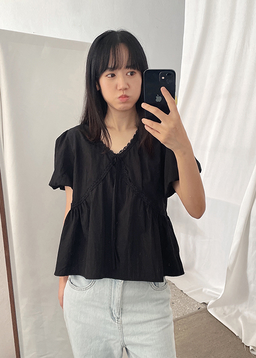 リボンVネックパフスリーブ半袖ブラウス | レディースファッション通販