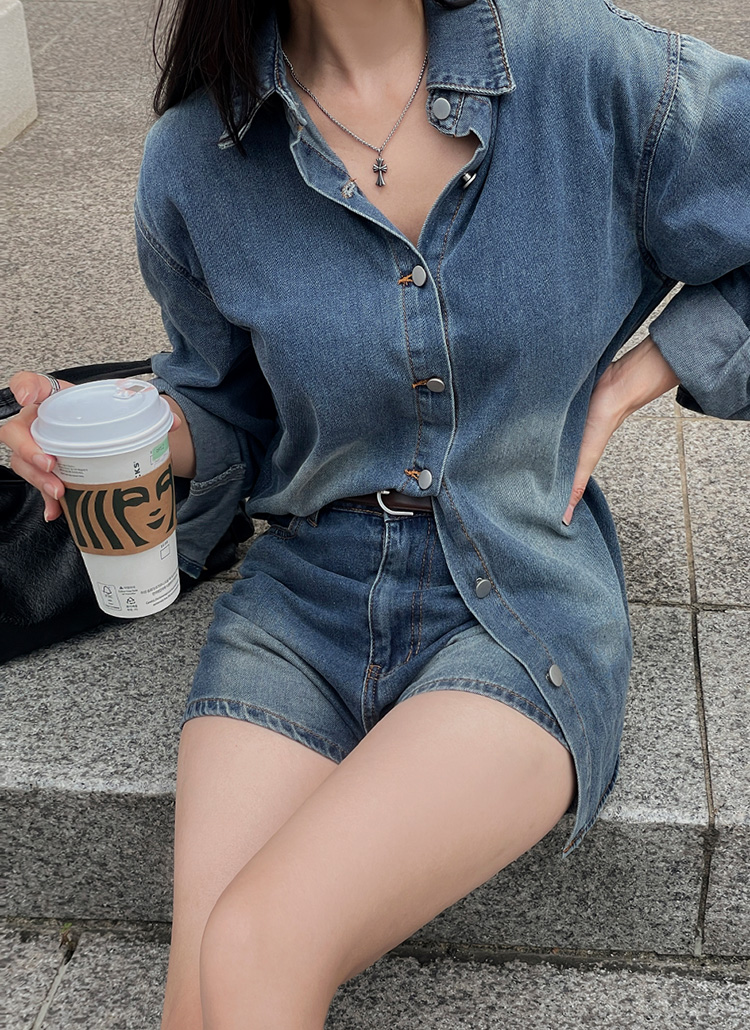 デニムボタンカラーセットアップシャツショートパンツ | レディース