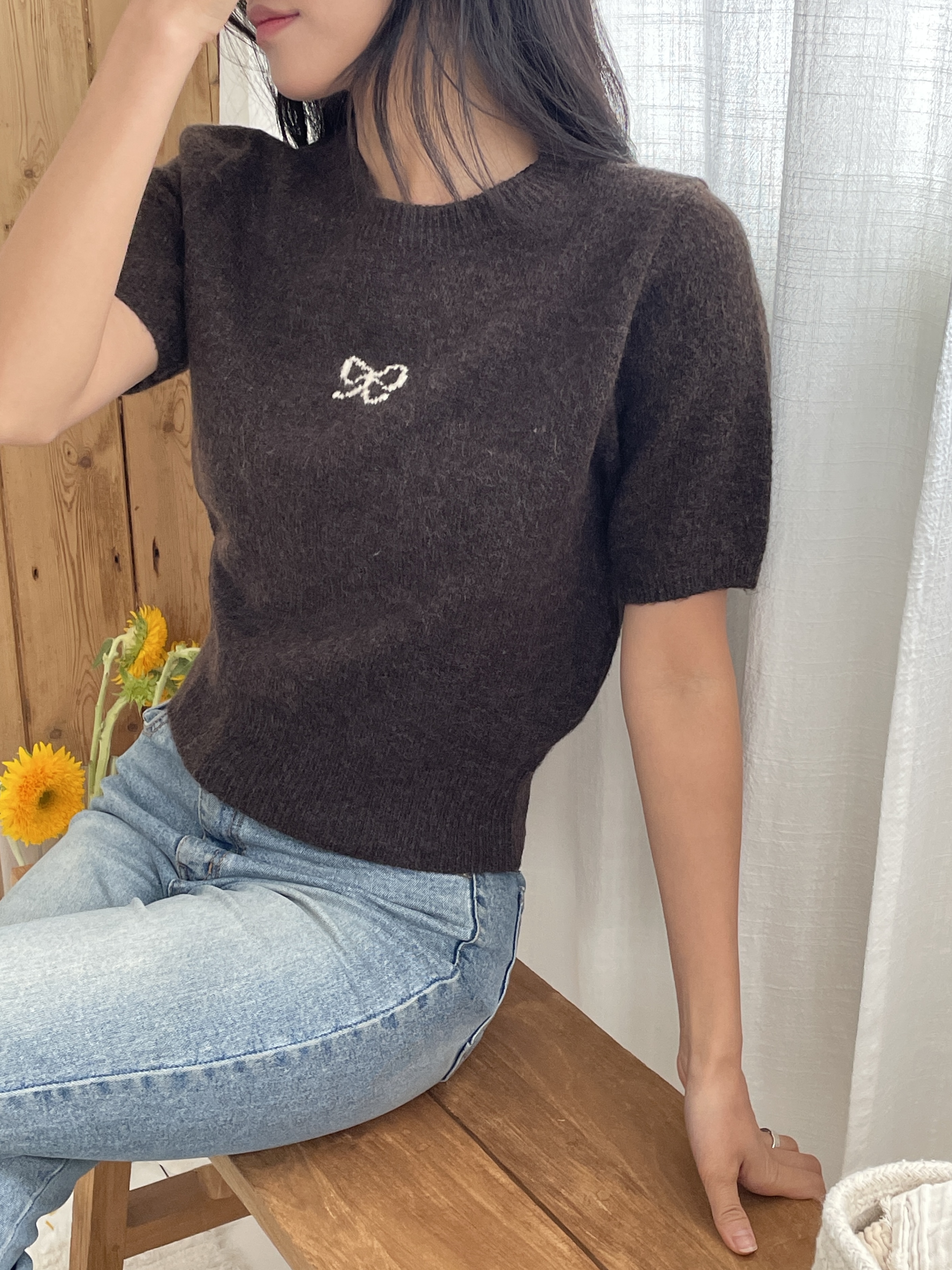 ラウンドネック半袖刺繍リボン柄ニット | 詳細画像9