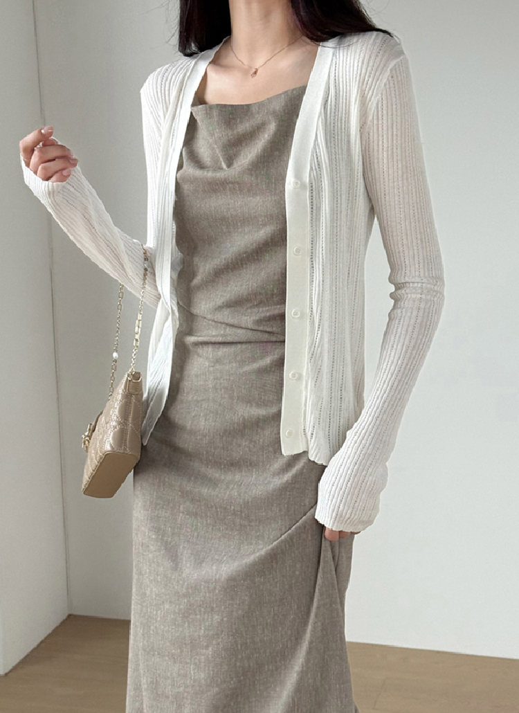 リブVネックパンチングスリムカーディガン | レディースファッション