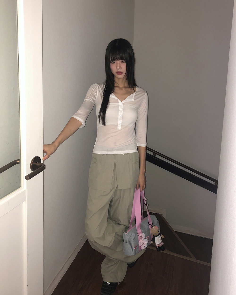 シースルーヘンリーネック7分袖Tシャツ | レディースファッション通販