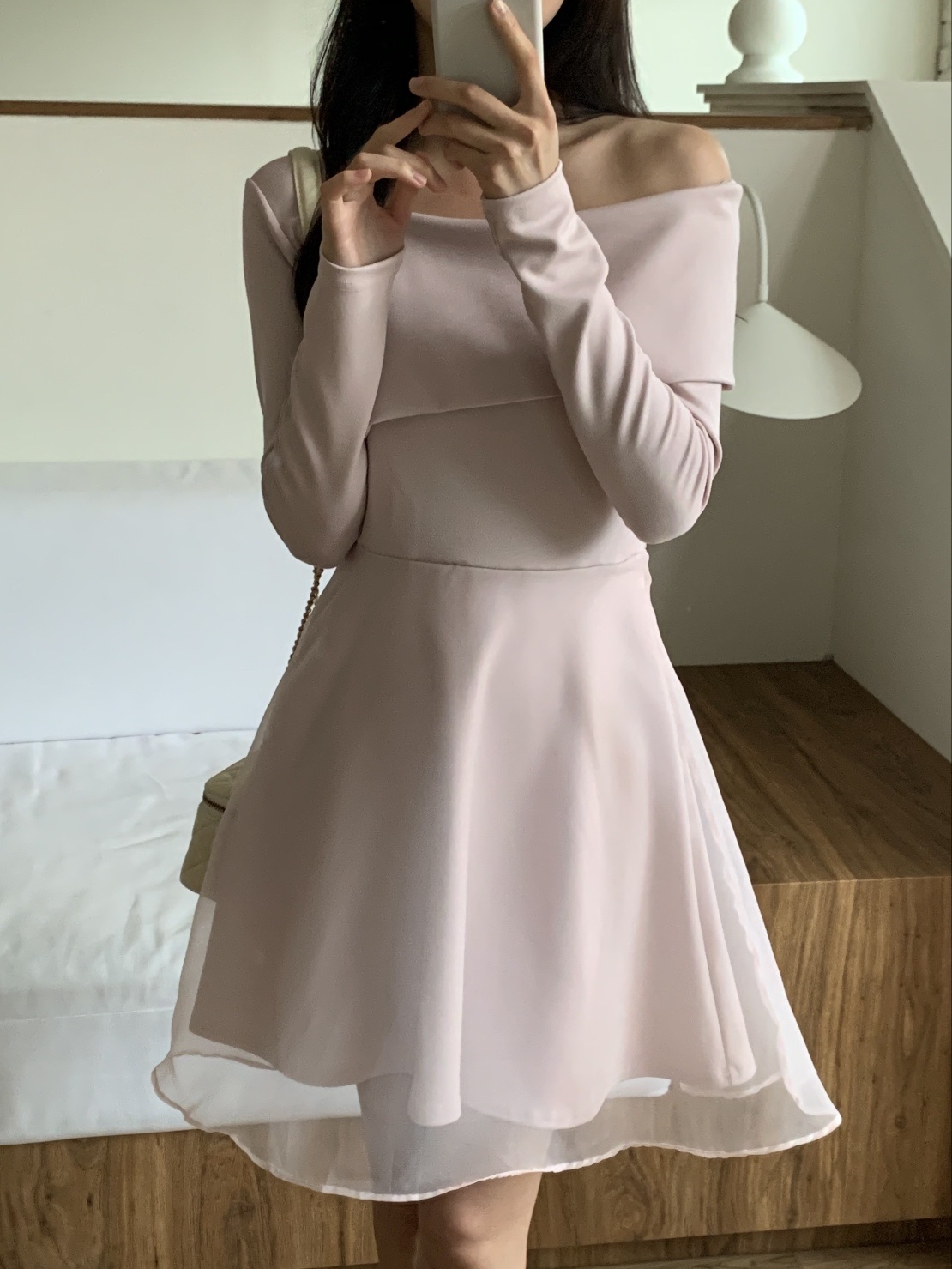 シフォンオフショルダーレイヤード風アンバランス長袖フレアワンピース | 詳細画像8