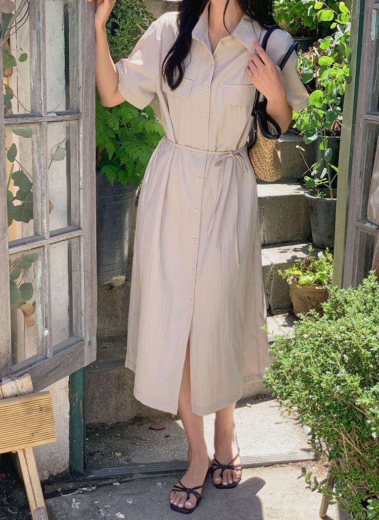 LAUREN ベージュ シャツワンピース 半袖 ストラップ付カラーロングルーズ半袖フラップポケットフェイクポケット