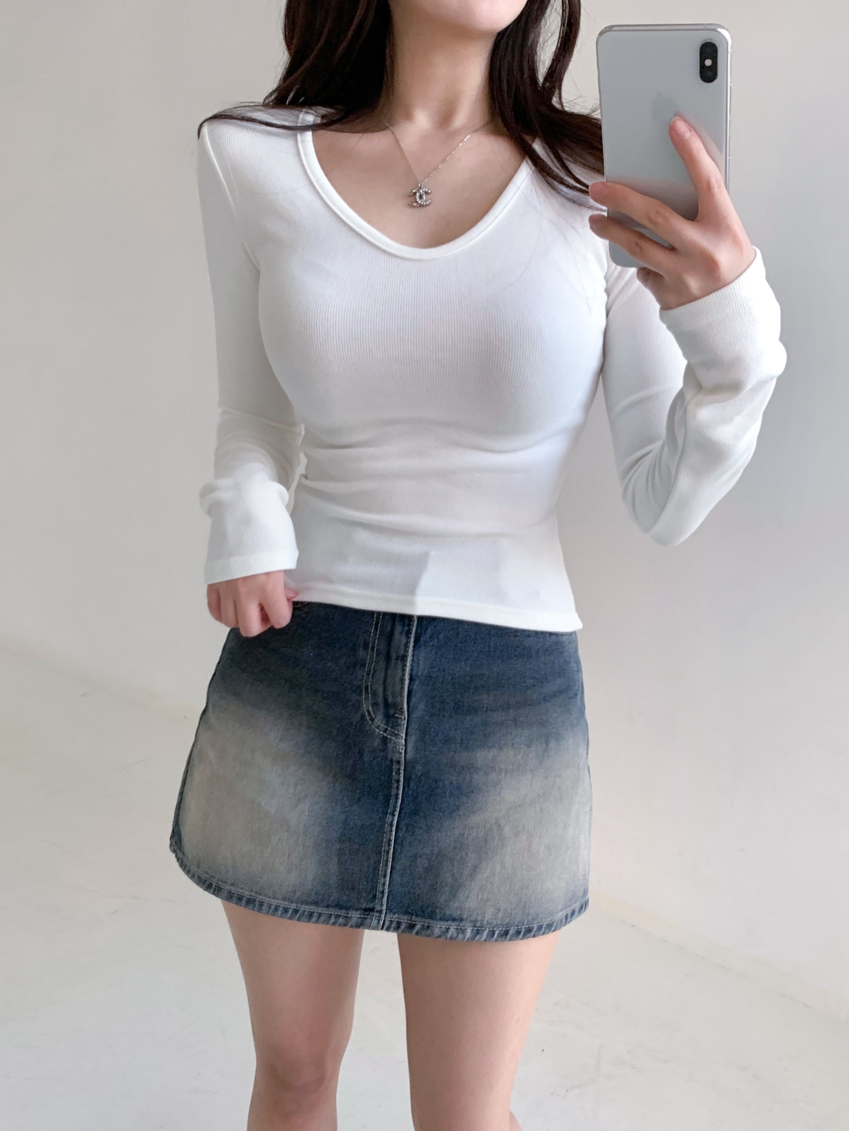 リブラウンドネックシンプルスリム長袖Tシャツ | 詳細画像7