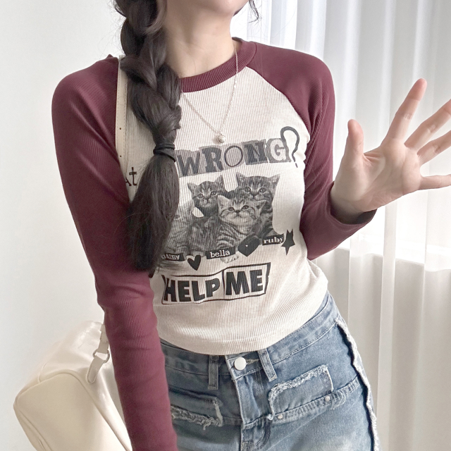 LUOLUOJUANJIE ドックプリント ラグラン スリム カットソー THISIS tシャツ メンズライク プリントラグラン Tシャツ レディース