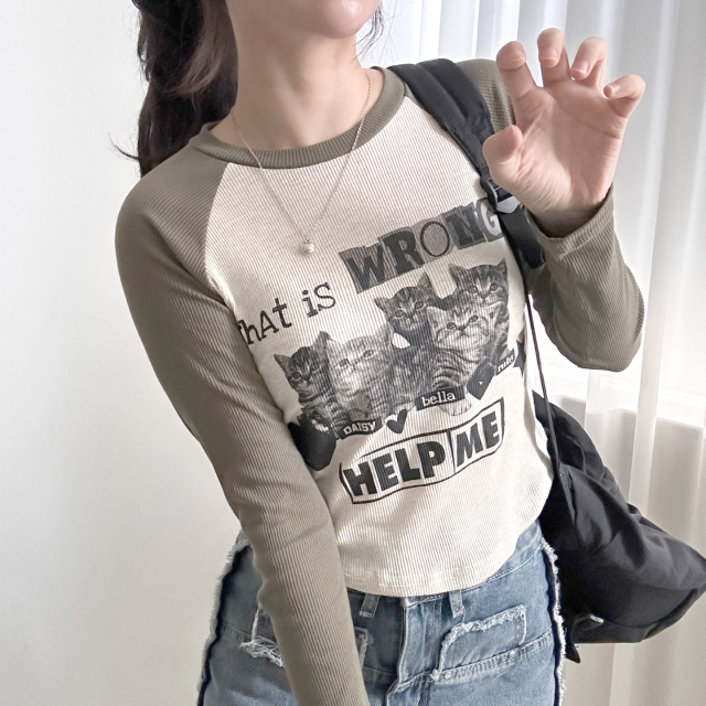 LUOLUOJUANJIE ドックプリント ラグラン スリム カットソー リブラグランクロップドスリムプリントTシャツ | レディース