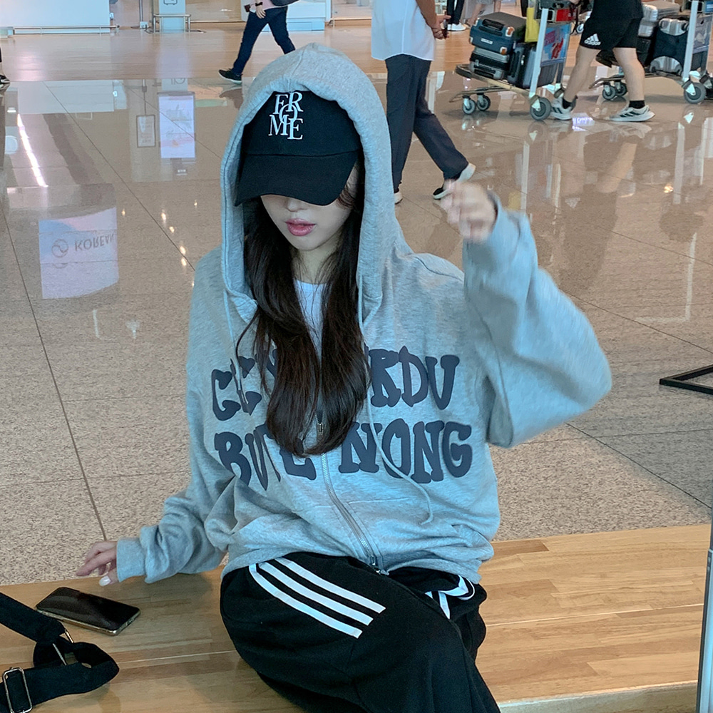 ダブルジップフードジップアップルーズプリントカラージップパーカー