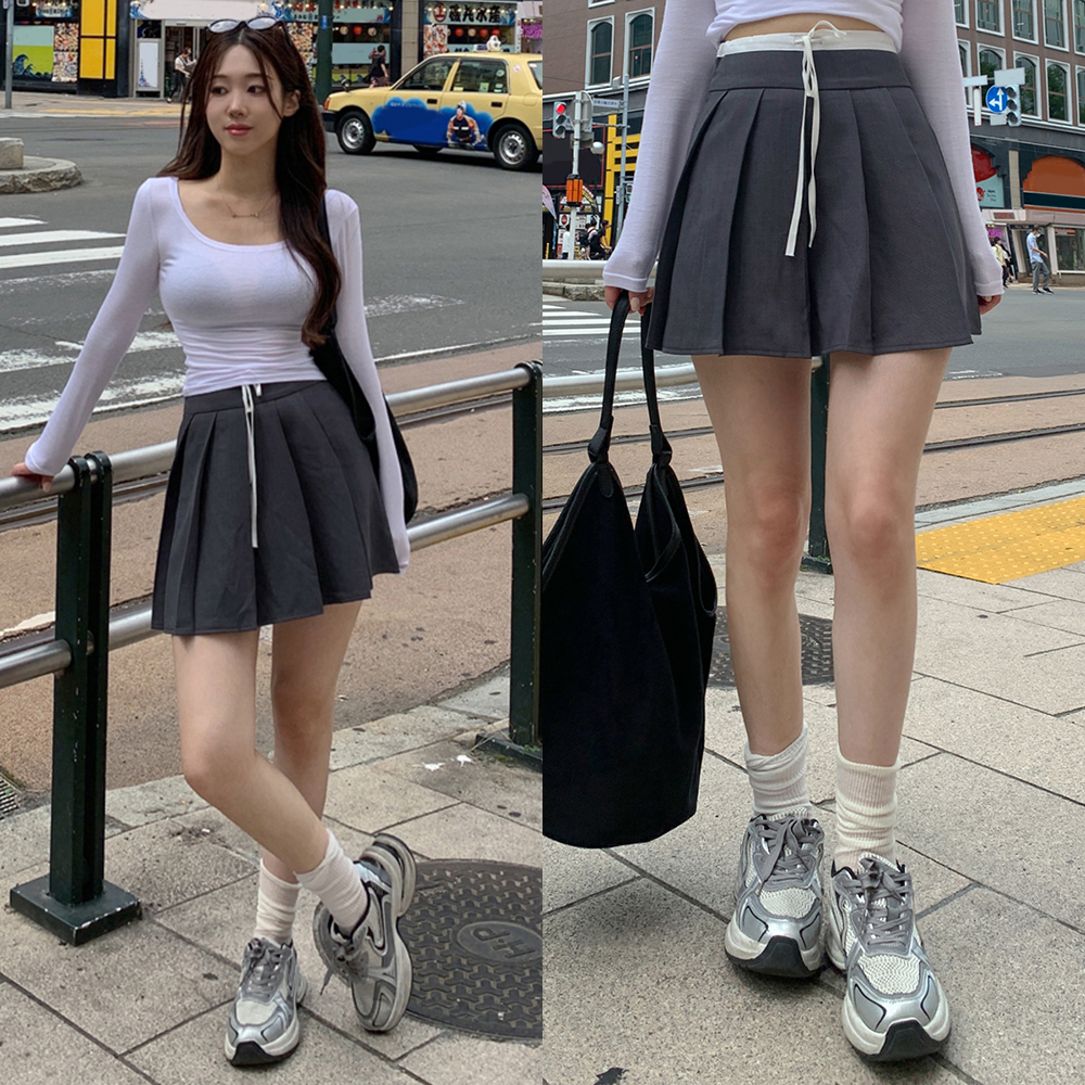 ドローストリングプリーツサイドジップAライン配色カラースカート