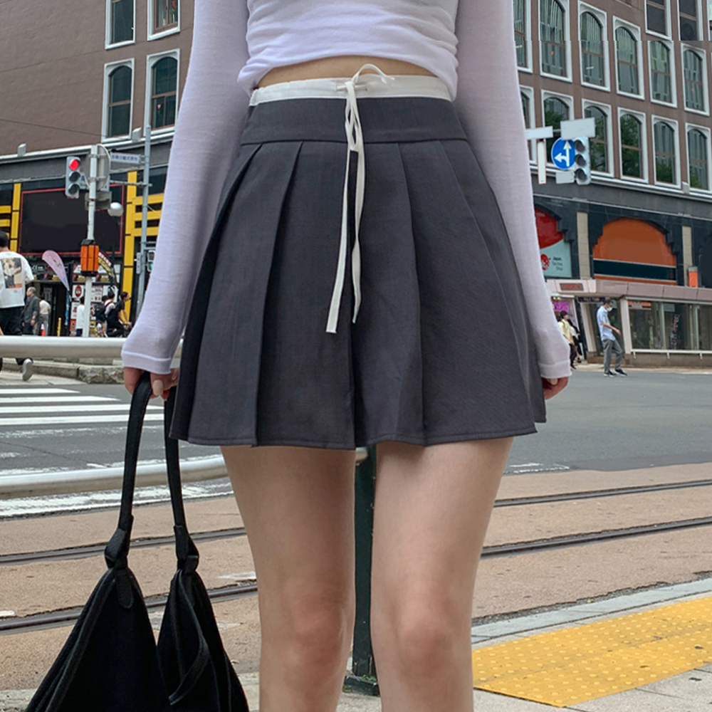 ドローストリングプリーツサイドジップAライン配色カラースカート