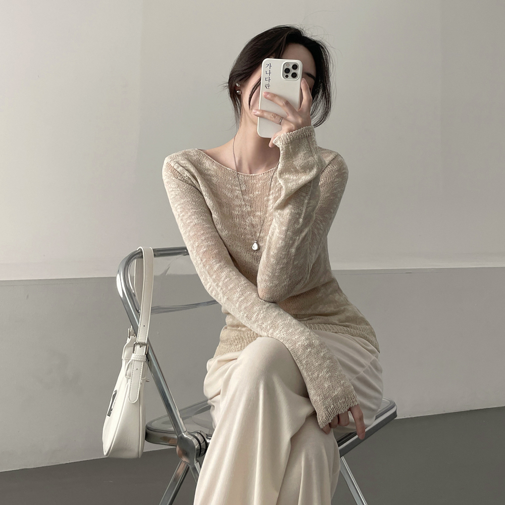 シースルーボートネックスリム長袖ニット | レディース