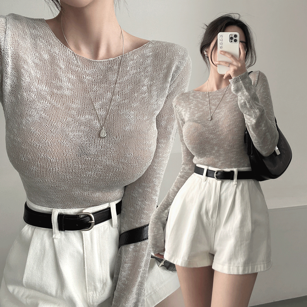 シースルーボートネックスリム長袖ニット | レディース