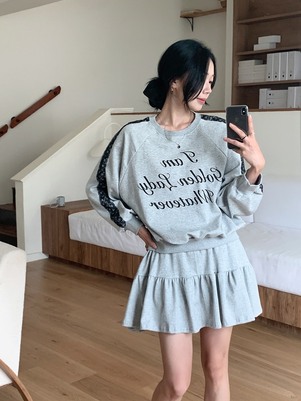 ラウンドネックティアードウエストゴム長袖ロゴレースセットアップTシャツトレーニングスカートパンツ | 詳細画像11