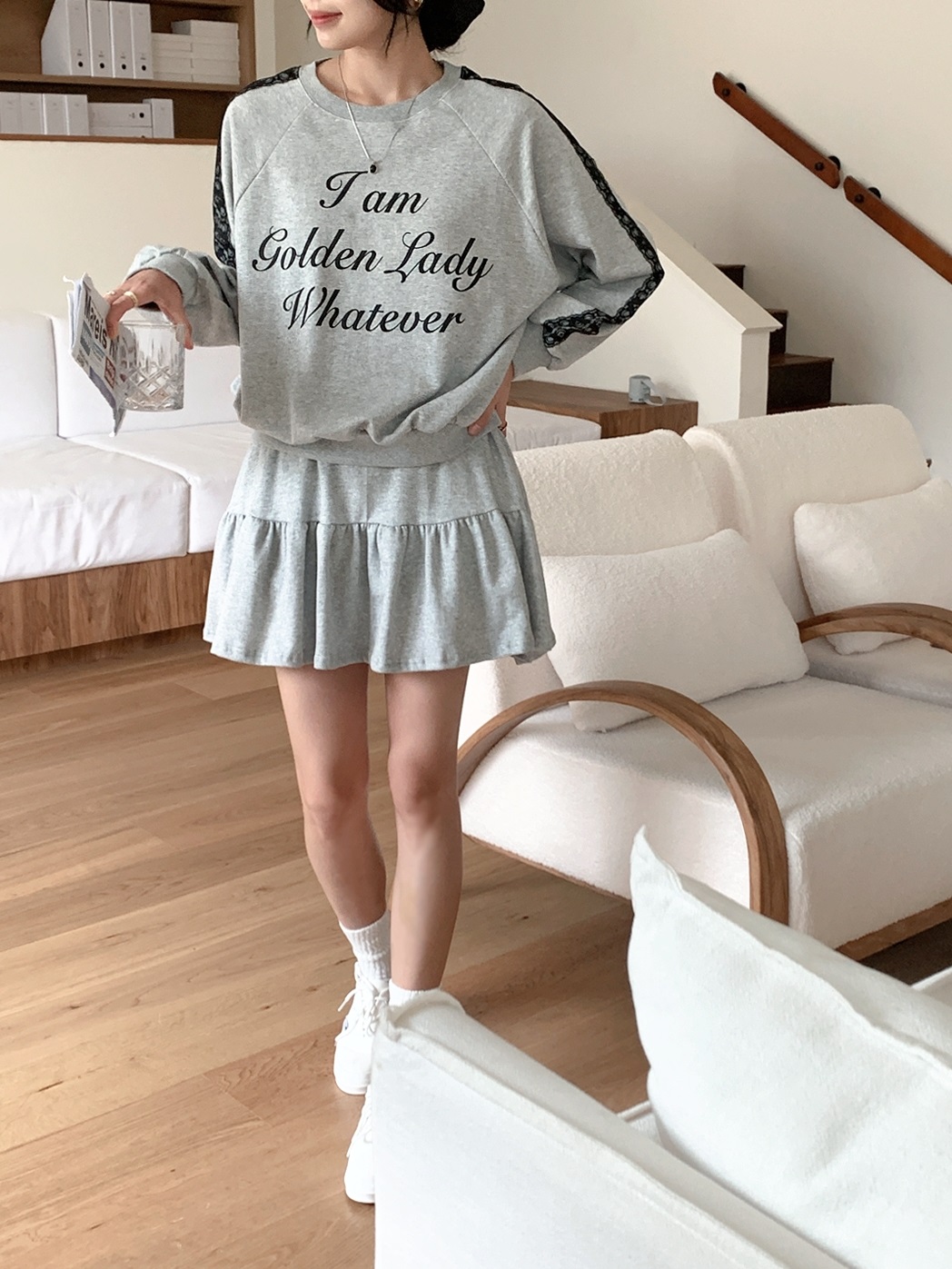 ラウンドネックティアードウエストゴム長袖ロゴレースセットアップTシャツトレーニングスカートパンツ | 詳細画像13