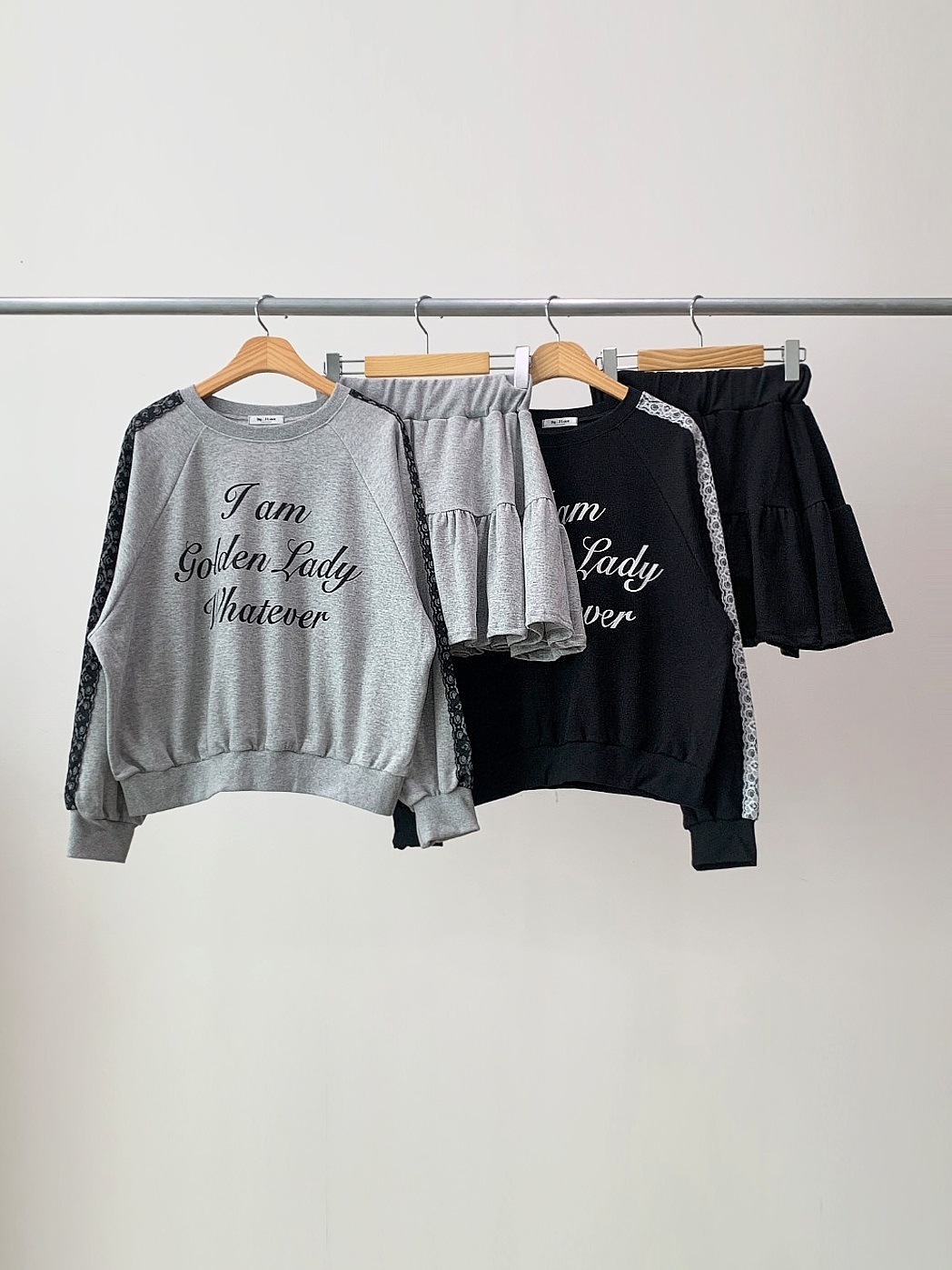 ラウンドネックティアードウエストゴム長袖ロゴレースセットアップTシャツトレーニングスカートパンツ | 詳細画像16