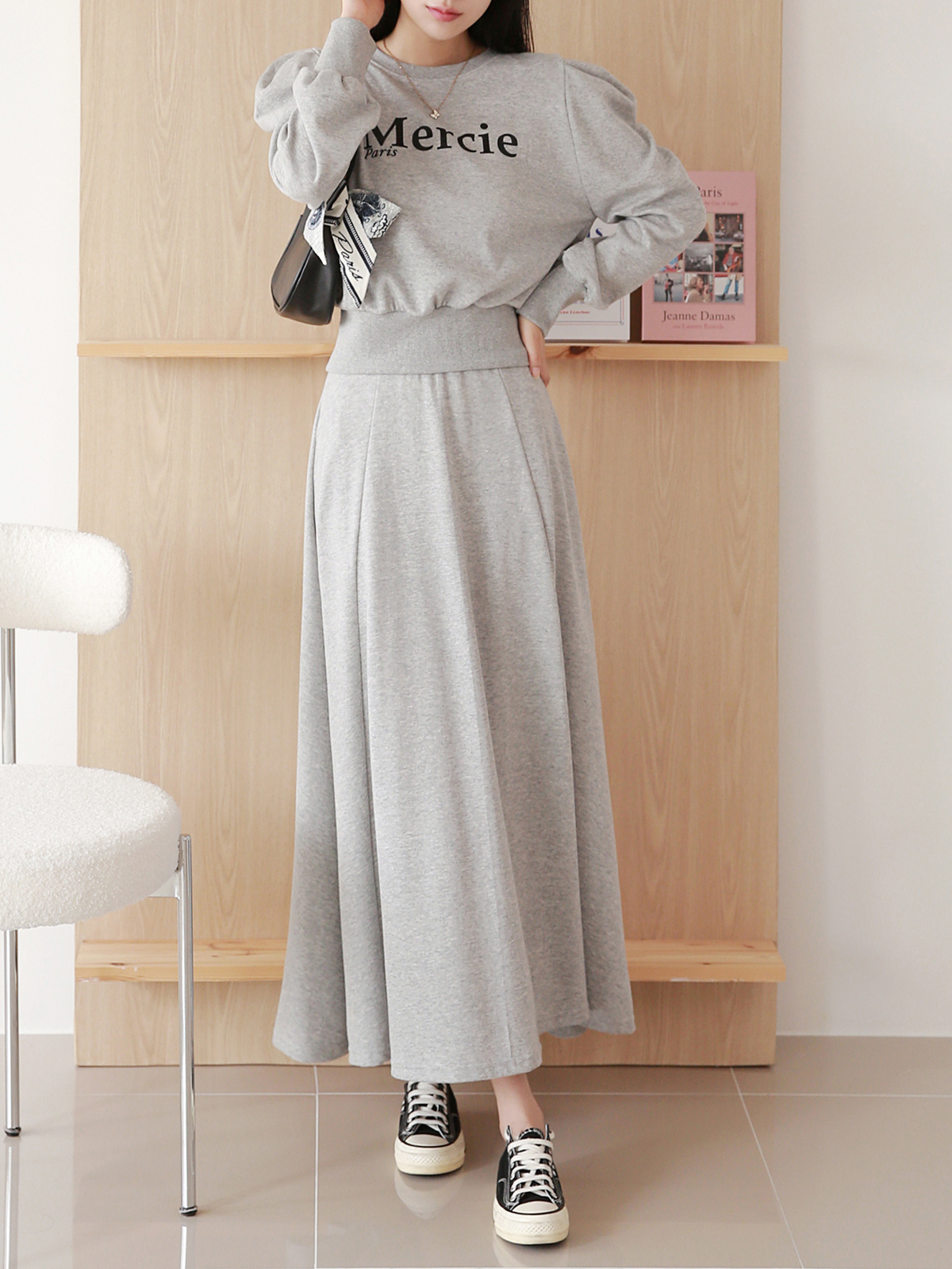 ラウンドネックウエストゴムパフスリーブロング長袖ロゴセットアップスカートTシャツ | 詳細画像5