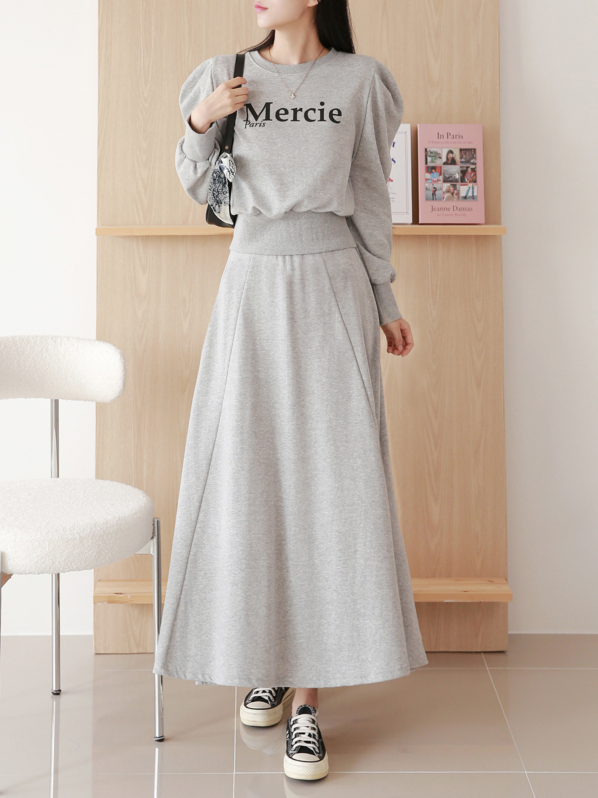 ラウンドネックウエストゴムパフスリーブロング長袖ロゴセットアップスカートTシャツ | 詳細画像6