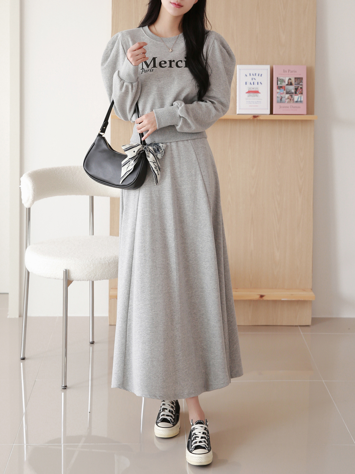 ラウンドネックウエストゴムパフスリーブロング長袖ロゴセットアップスカートTシャツ | 詳細画像10