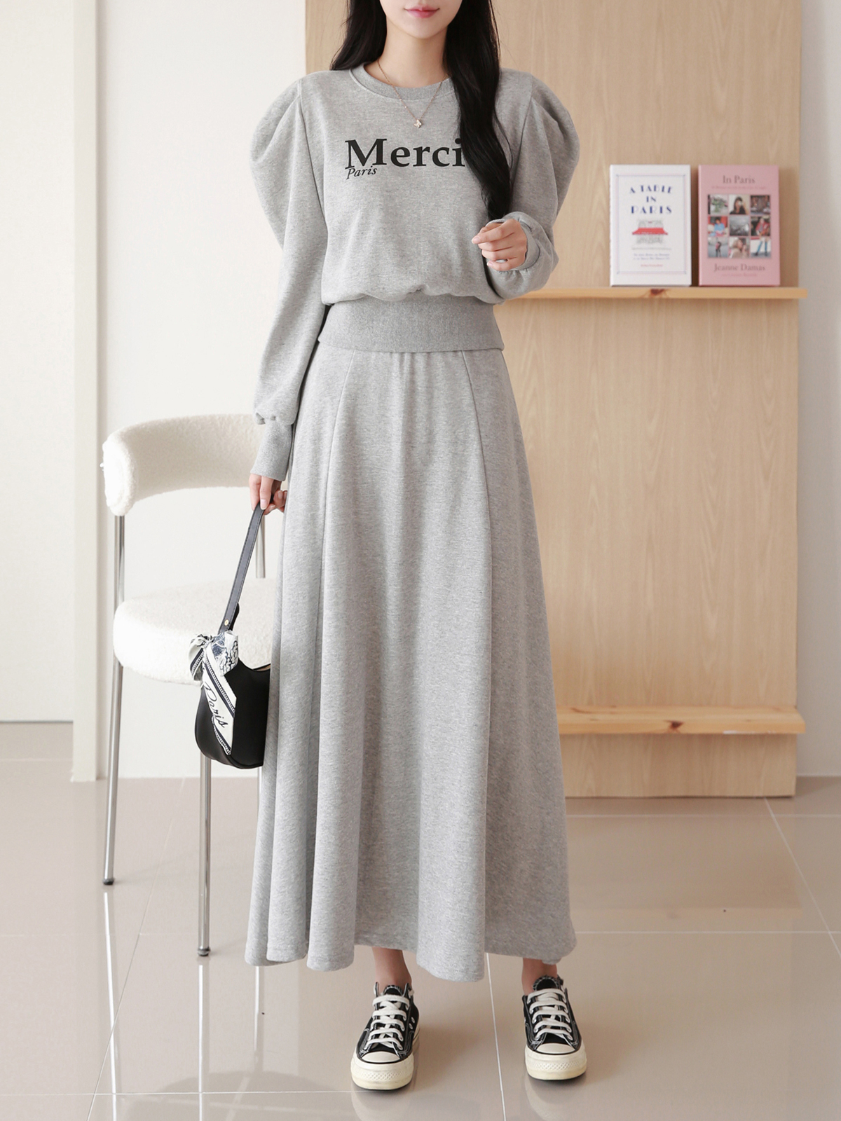 ラウンドネックウエストゴムパフスリーブロング長袖ロゴセットアップスカートTシャツ | 詳細画像9