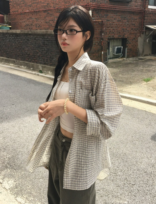 ルーシーM確認用 シースルー長袖ルーズカラーチェックシャツ | レディースファッション