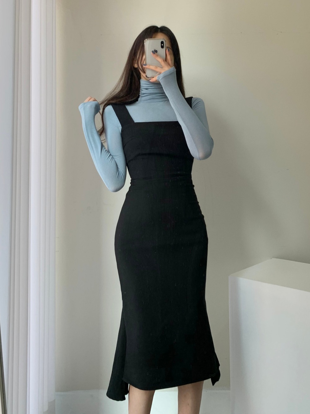 dhollc ベルト&ストラップ付スクエアネックボタンマーメイドワンピース