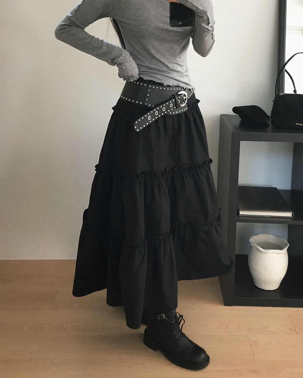 コットンジップアップティアードロングフレアスカート | レディース